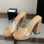 Liyke Street Sexy Thick High Heels Transparent Slippers Women Summer Outdoors Party Dress Shoes Wooden Chunky Platform Sandals