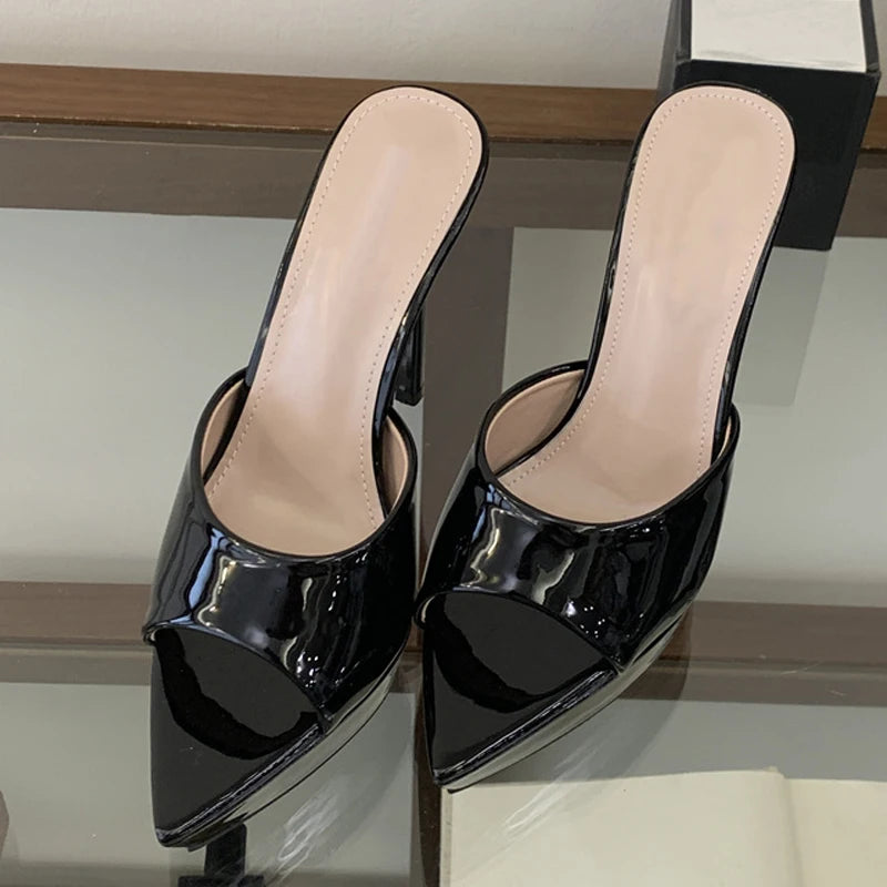 Liyke Runway Sexy Pointed Toe 13.5CM Super High Heels Platform Slippers Women Evening Party Dress Shoes Stiletto Sandal Apricot
