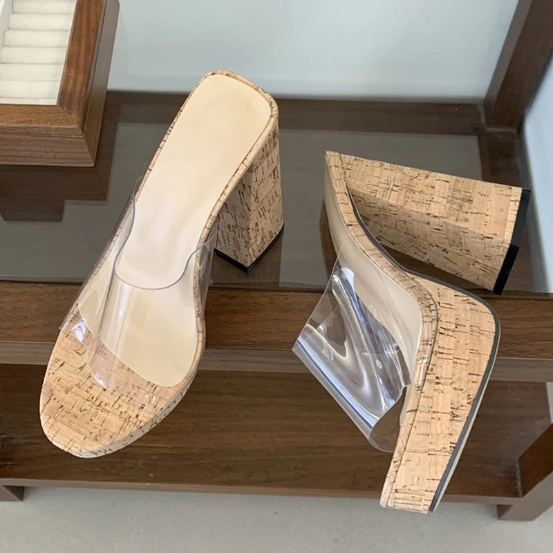 Liyke Street Sexy Thick High Heels Transparent Slippers Women Summer Outdoors Party Dress Shoes Wooden Chunky Platform Sandals