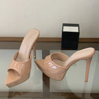 Liyke Runway Sexy Pointed Toe 13.5CM Super High Heels Platform Slippers Women Evening Party Dress Shoes Stiletto Sandal Apricot