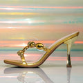 Liyke Street Sexy Square Toe Metal Thin Heeled Slippers For Woman Gold Gem Narrow Band Sandals Summer Shoes Women Mules Slides