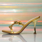 Liyke Street Sexy Square Toe Metal Thin Heeled Slippers For Woman Gold Gem Narrow Band Sandals Summer Shoes Women Mules Slides