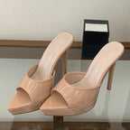 Liyke Runway Sexy Pointed Toe 13.5CM Super High Heels Platform Slippers Women Evening Party Dress Shoes Stiletto Sandal Apricot