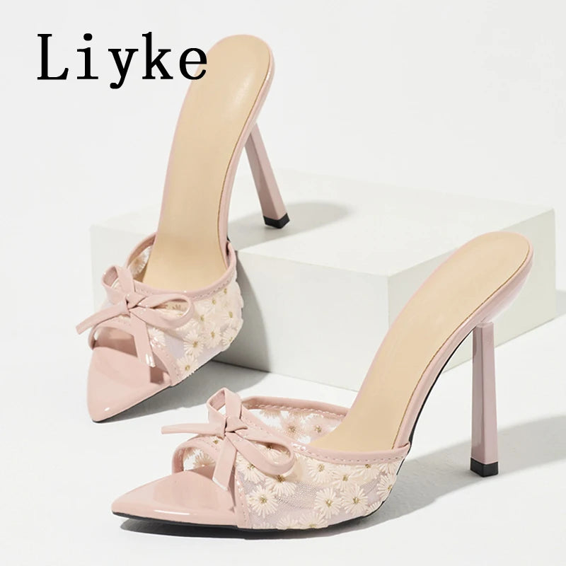 Liyke Design Embroidery Floral High Heels Women Slippers Fashion Butterfly Knot Pointed Toe Slip On Shoe Lady Party Dress Slides