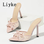 Liyke Design Embroidery Floral High Heels Women Slippers Fashion Butterfly Knot Pointed Toe Slip On Shoe Lady Party Dress Slides