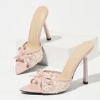 Liyke Design Embroidery Floral High Heels Women Slippers Fashion Butterfly Knot Pointed Toe Slip On Shoe Lady Party Dress Slides