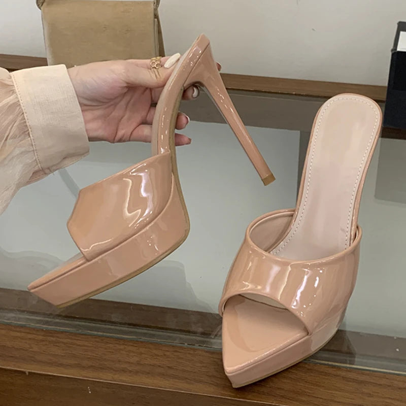 Liyke Runway Sexy Pointed Toe 13.5CM Super High Heels Platform Slippers Women Evening Party Dress Shoes Stiletto Sandal Apricot