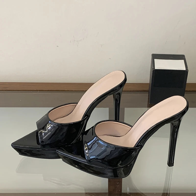 Liyke Runway Sexy Pointed Toe 13.5CM Super High Heels Platform Slippers Women Evening Party Dress Shoes Stiletto Sandal Apricot