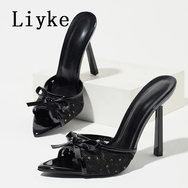 Liyke Design Embroidery Floral High Heels Women Slippers Fashion Butterfly Knot Pointed Toe Slip On Shoe Lady Party Dress Slides
