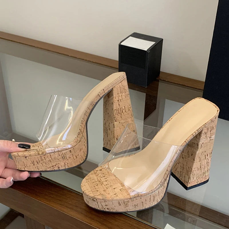 Liyke Street Sexy Thick High Heels Transparent Slippers Women Summer Outdoors Party Dress Shoes Wooden Chunky Platform Sandals