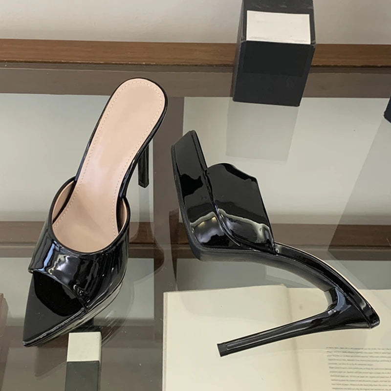 Liyke Runway Sexy Pointed Toe 13.5CM Super High Heels Platform Slippers Women Evening Party Dress Shoes Stiletto Sandal Apricot