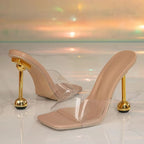 Liyke PVC Transparent Slippers For Women Mules Slides Summer Fashion Metal Strange High Heels Sandals Big Size 44 Ladies Shoes