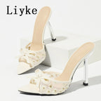 Liyke Design Embroidery Floral High Heels Women Slippers Fashion Butterfly Knot Pointed Toe Slip On Shoe Lady Party Dress Slides